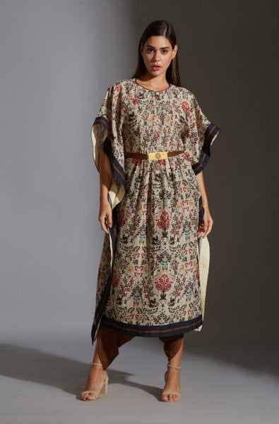 Qaleen Printed Kaftaan With Belt And Dhoti Pants